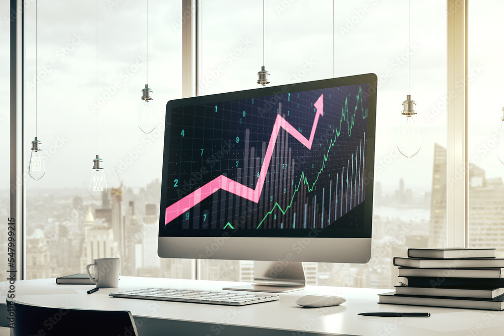 Poster modern computer screen with abstract creative financial chart and upward arrow, rise and breakthroug