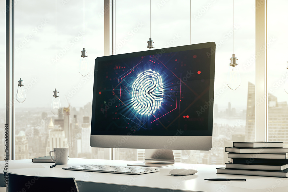 Aufkleber Computer monitor with abstract fingerprint scan interface, digital access concept. 3D Rendering