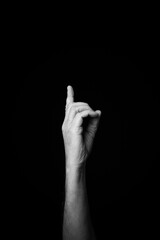 Hand demonstrating the French sign language letter 'D' with copy space