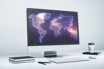 Abstract graphic world map on modern laptop screen, connection and communication concept. 3D Rendering