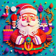 Christmas realistic 3d papercut Santa Claus. Modern colourful paper craft art concept. Cut-out Santa Claus background wallpaper