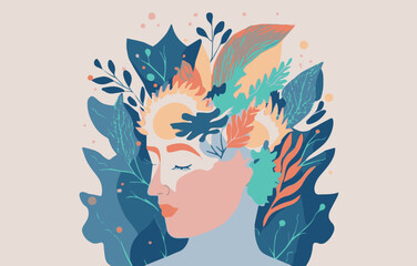 Mental health, well being vector art illustration. Positive mindfulness. Spiritual creativity. Flat art of health. Concept of calm mind, relaxed and peaceful. Serenity. Poster of harmony.