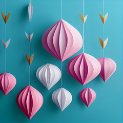 Cut out paper ornaments for Valentine's Day background. Pink, red and white figures isolated on a colored background.