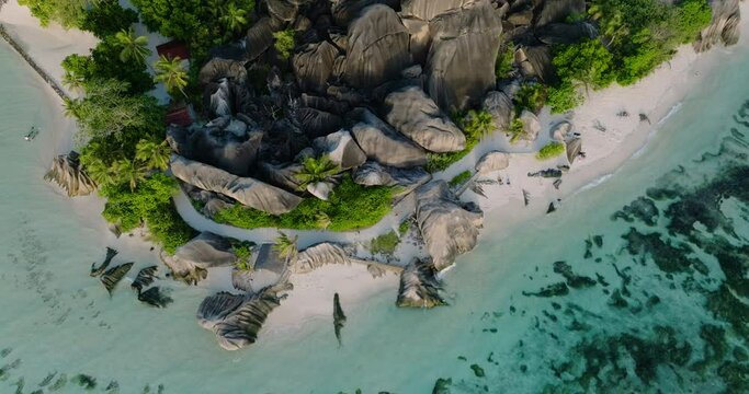 Aerial view of the spectacular Anse Source d'Argent beach, La Digue,Seychelles