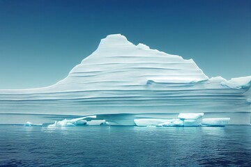 big iceberg somewhere in the polar regions in the dark blue ocean on a sunny, blue skied day, generative ai