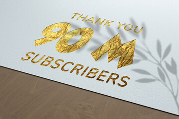 90 Million  subscribers celebration greeting banner with Golden Paper Design