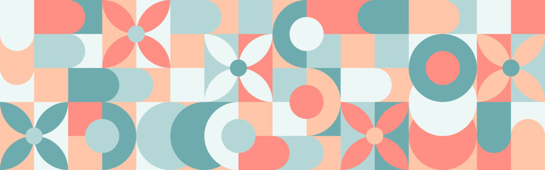 Floral seamless background for textiles or wallpapers, pastel shades of geometric shapes. Baby fashion patterns in pink and blue colors for a magazine cover.