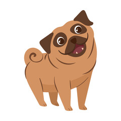 Cartoon dog animal stands with satisfied smile on face on white background. Cute dog in action and emotion. Happy pet. Funny puppy avatar vector. Cartoon illustration