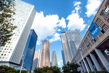 Fototapeta premium Skyscrapers towering above the cityscape of Nishi-Shinjuku, Tokyo, Japan
