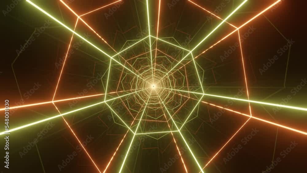 Poster orange and yellow neon glowing lines in mirror tunnel. seamless loop animation with neon glowing lig