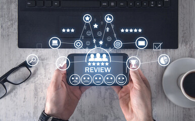 Man showing smartphone. Review. Customer Satisfaction. Experience