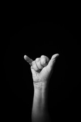 Hand demonstrating the French sign language letter 'Y' with copy space