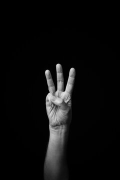 Hand demonstrating the French sign language letter 'W' with copy space