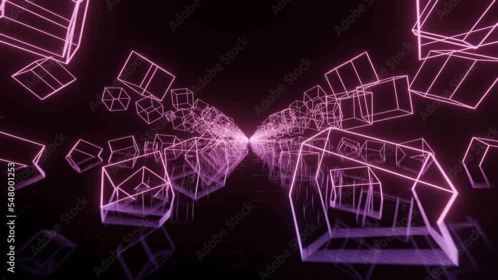 Aufkleber flight between neon glowing cubes. abstract sci fi geometric background. futuristic tunnel concept. 