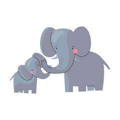Animal elephant mom and baby, cute cartoon family. Vector illustration of animal happy parent and small child. Motherhood concept