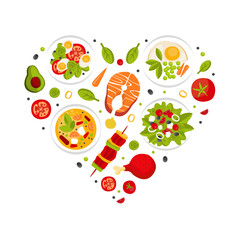 Fresh Natural Food Served on Plate Arranged in Heart Vector Template
