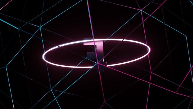 3d render metallic symbol of Swiss currency Franc with neon glowing circle on a dark background. Dynamic business motion graphic animated objects