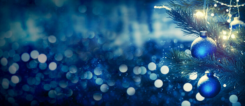 Christmas time. Christmas tree with ornaments, glittering lights and baubles. Digital art image.