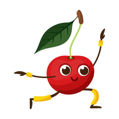 Funny Red cherry character doing yoga. Kawaii comic fruit having workout. Cartoon vector illustration. Food, body wellness, gym sport concept