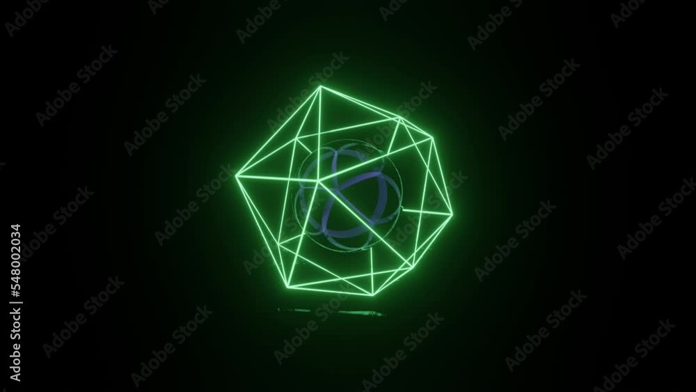 Poster green neon glowing cage with mirror sphere inside rotates in a dark space with reflections on the fl