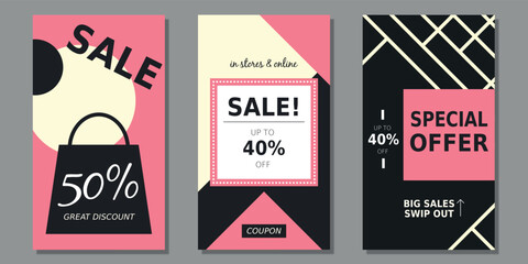Set of sales and discount vertical banners for stores and online shopping. Black, white and pink geometric motives in flat, modern and elegant style. Offer templates for social media. Brochure. 