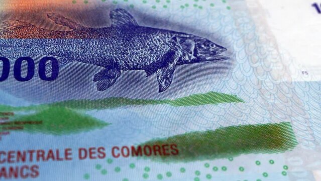 Comoros Comorian Franc 1000 Banknotes, Thousand Comorian Franc, Close-up and macro view of the Comorian Franc, Tracking and Dolly Shots 1000 Comorian Franc banknote Observe and Reserve Side, Comorian
