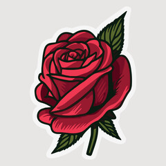 Sticker of rose. Flower of love vector illustration. Vintage graphic isolated romantic plant. Cartoon blossom. Tattoo idea. Elegant logo of fashion print icon. 