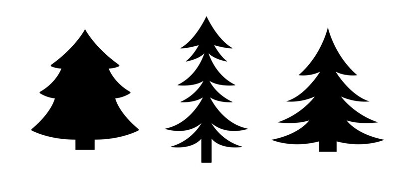 Set of black silhouettes of Christmas trees. Fir tree icons isolated. Vector illustration