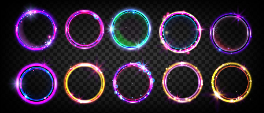 Neon Circle Set, Circular Game Frame Kit, UI Futuristic Techno Glow Led Rings, Vector Light Portal. Neon Circle On Transparent Background. Cyberpunk Cosmic Round Shapes, Abstract Electric Shiny Tunnel
