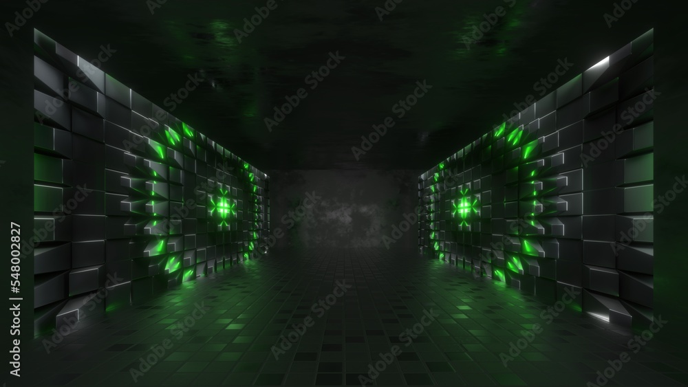 Poster 3d rendering, abstract futuristic background. empty dark room with glowing panels. dark tunnel or co
