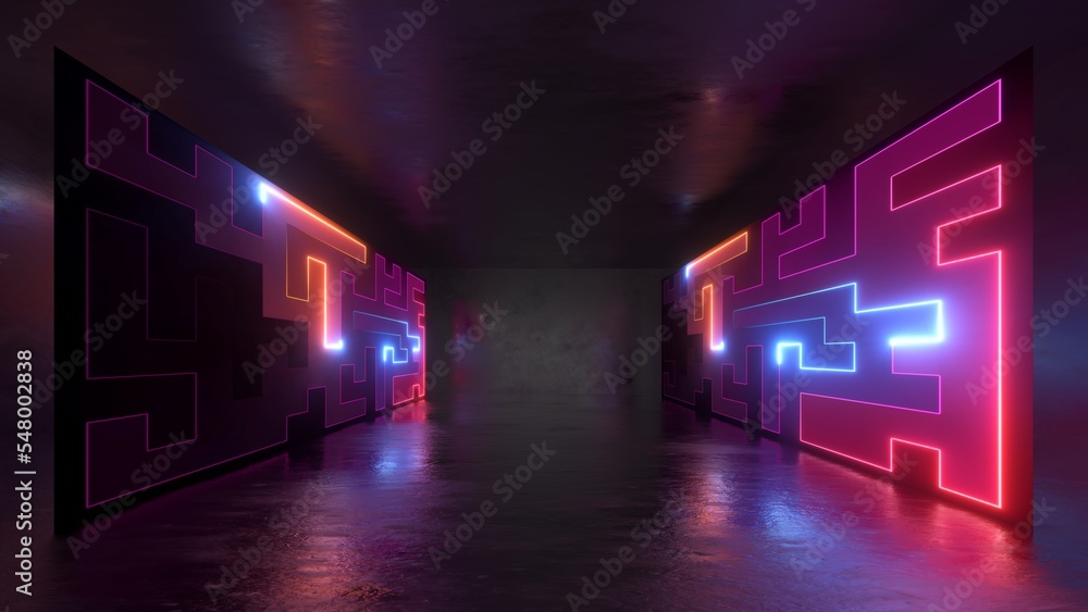 Poster 3d render, abstract background with empty dark room illuminated with red blue neon light. laser line