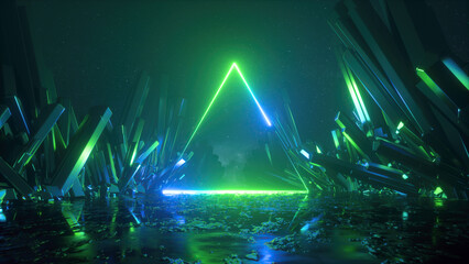 Fototapety  3d rendering, abstract green neon background with crystals and glowing triangular frame laser line. Fantastic virtual reality wallpaper