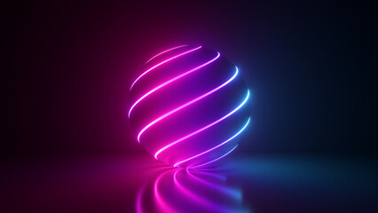 3d render. Futuristic energy power technology. Abstract neon background with glowing ball, pink and blue lines on the surface of the sphere