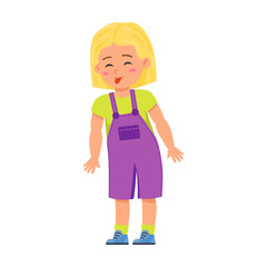Girl child shows tongue cartoon vector. Small little kid face expression. Schoolgirl children mood. Emotion or feeling concept