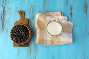 New types of vegetable milk, milk from seeds, from sunflower. Selective focus