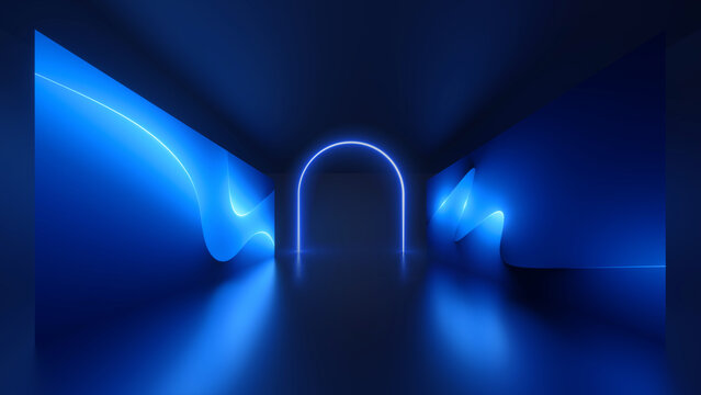 3d render. Abstract blue neon background with glowing arch inside the dark empty room with screen panels on the walls. Futuristic technology wallpaper