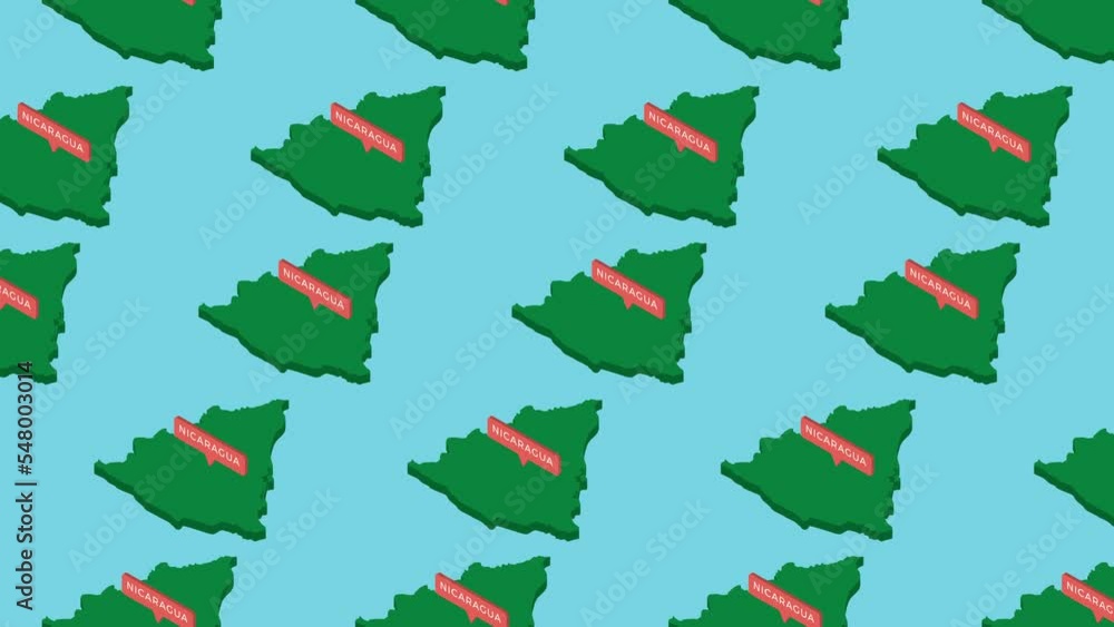 Poster green isometric maps of country nicaragua with orange pointer on a blue background. seamless loop ho