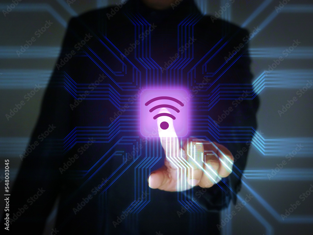 Poster finger activate, start, switch on wifi icon on a virtual screen button. wifi technology. wireless te