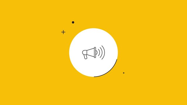 Loudspeaker icon in white circle on a yellow background. Seamless loop dynamic symbol rolling in the center