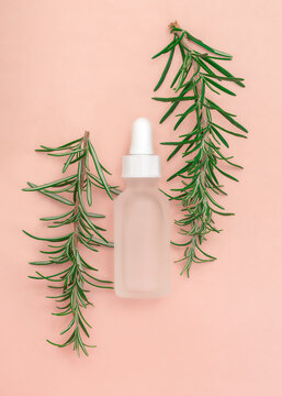 Transparent plastic bottle of serum on pink table with green rosemary branches. Makeup merchandise template.