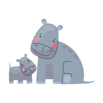 Animal fat hippo mom and baby, cute cartoon family. Vector illustration of animal happy parent and small child. Motherhood concept