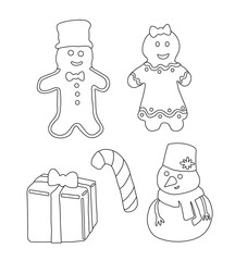 Outline of gingerbread in the form of a man, a woman, a gift box, a caramel cane, a snowman. Vector illustration on a white background