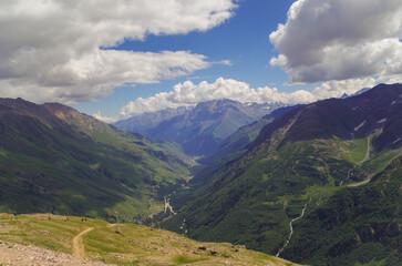 Scenic view of Baksan Gorge from Mount Cheget. Russia, Caucasus, Kabardino-Balkaria