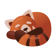 Cute cartoon red panda sleeps curled up in ball and covered with tail. Vector illustration of Chinese animal character from wild forest or pet from zoo. Wildlife nature concept © Bro Vector