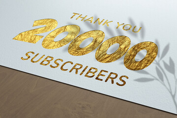 20000 subscribers celebration greeting banner with Golden Paper Design