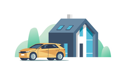 Suburban modern house. Family home with auto. Vector illustration.
