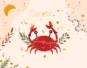 Cancer zodiac sign. Cute banner with Cancer, stars, flowers, and leaves. Astrological sign of the zodiac. Vector illustration.