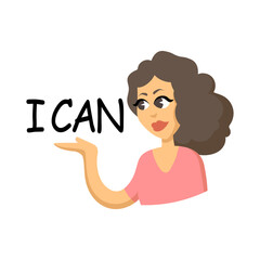 Colorful confident woman says she can do anything flat sticker for web design. Cartoon badge for female support and solidarity isolated vector illustration