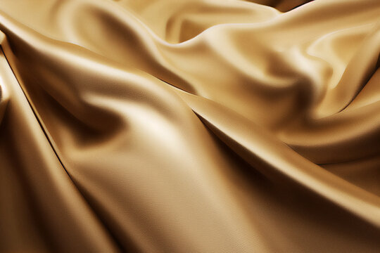 Gold silk satin fabric background. Wavy soft folds of golden fabric. Shiny fabric surface.
