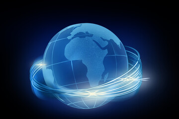 Fototapeta na wymiar Global world network. Colorful glow light effect. Background with flying globe design elements